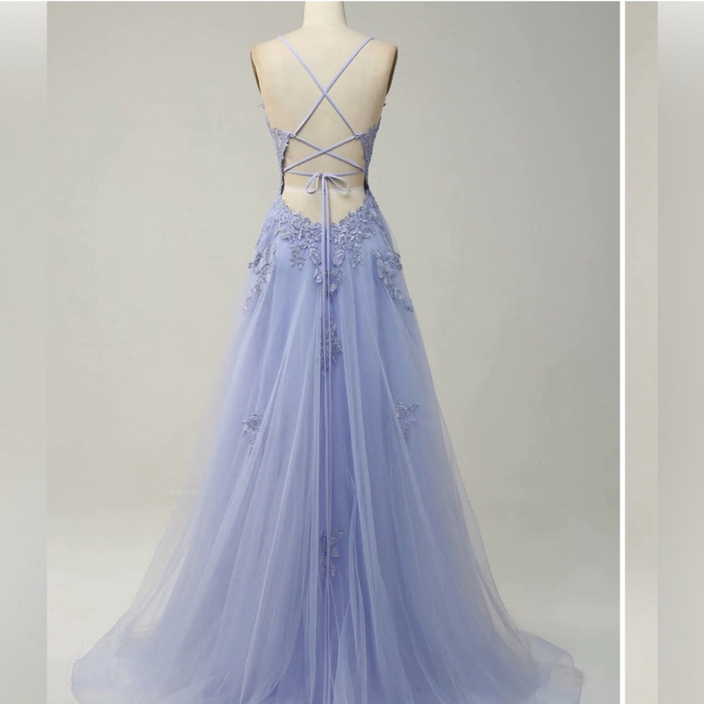 Light Blue Rhinestone A Line Prom Dress - Picture 2 of 7